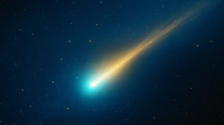Ilustración artística de un cometa interestelar 3I/ATLAS sobre fondo estrellado con tonos azules y dorados