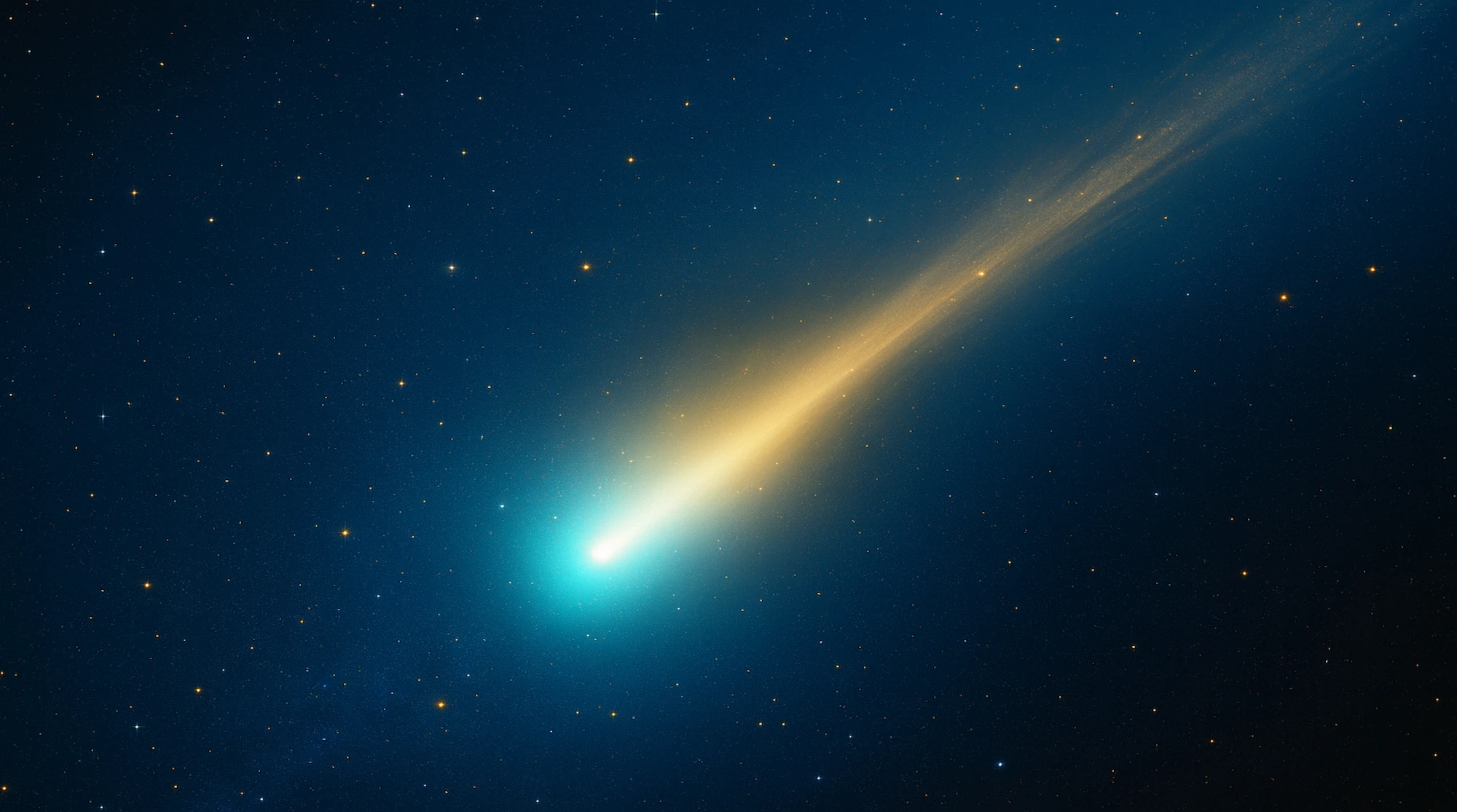 Ilustración artística de un cometa interestelar 3I/ATLAS sobre fondo estrellado con tonos azules y dorados