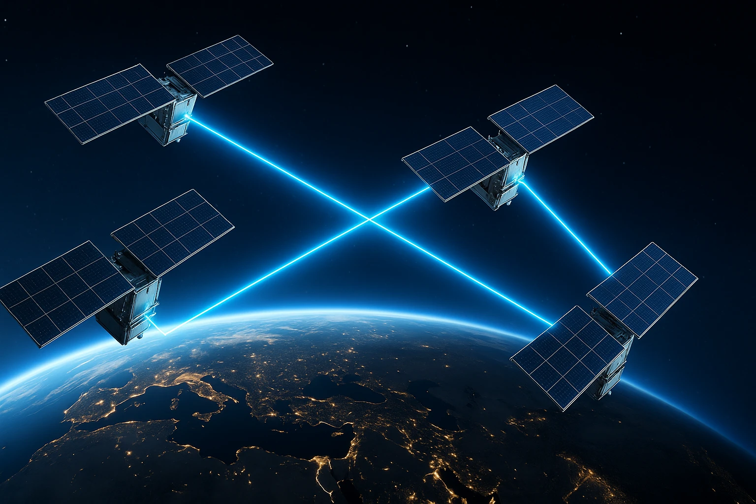Satélites Starlink de SpaceX conectados en red, simbolizando centros de datos orbitales.