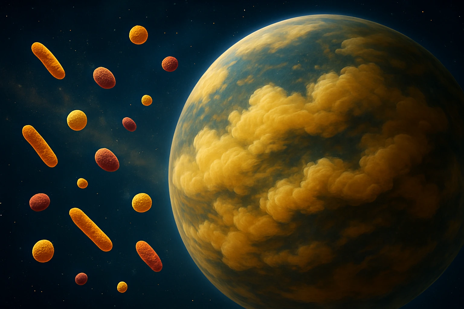 Ilustración de un exoplaneta cubierto de nubes con microorganismos pigmentados flotando en su atmósfera