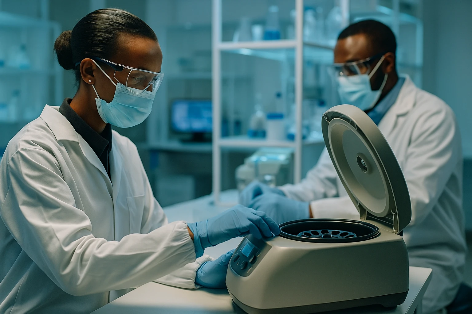 Científicos africanos con batas y mascarillas trabajando en laboratorio biomédico moderno