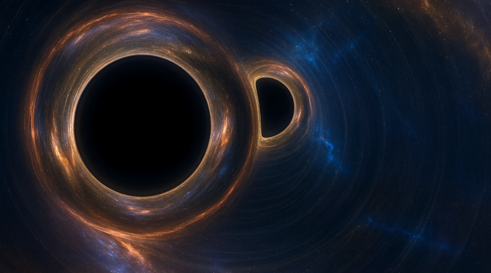 Ilustración realista de ondas gravitacionales propagándose cerca de dos agujeros negros primordiales en el espacio profundo
