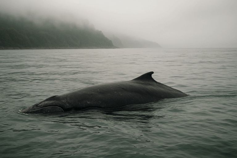 Ballena nadando en aguas tranquilas frente a una costa con neblina en Chile