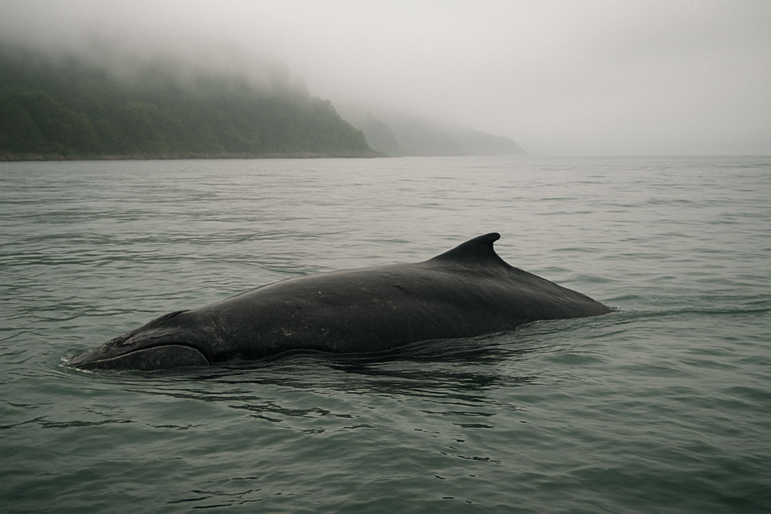Ballena nadando en aguas tranquilas frente a una costa con neblina en Chile