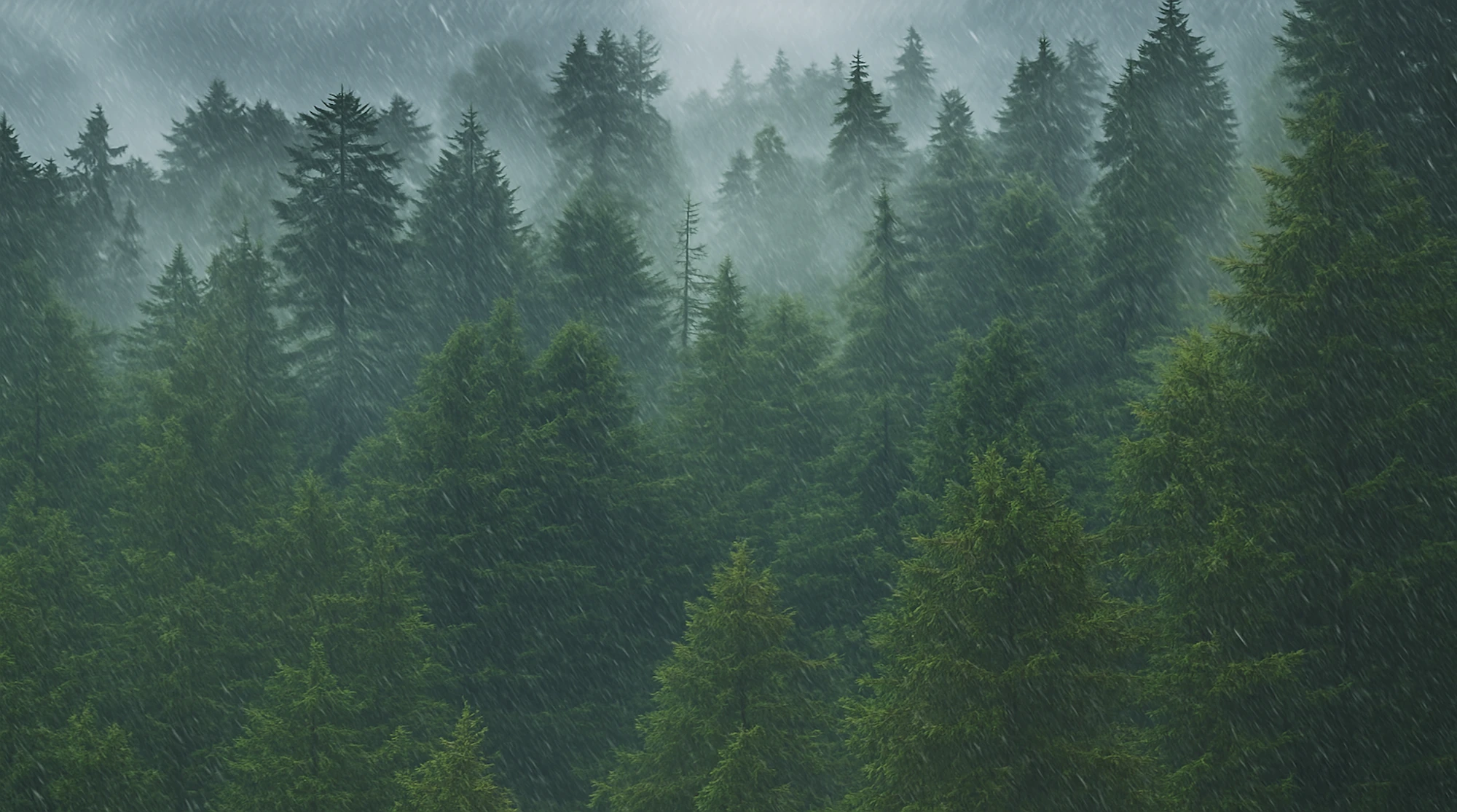 Bosque cubierto de lluvia intensa y niebla, una escena que ilustra cómo las partículas biológicas presentes en el aire pueden aumentar la lluvia según estudios recientes
