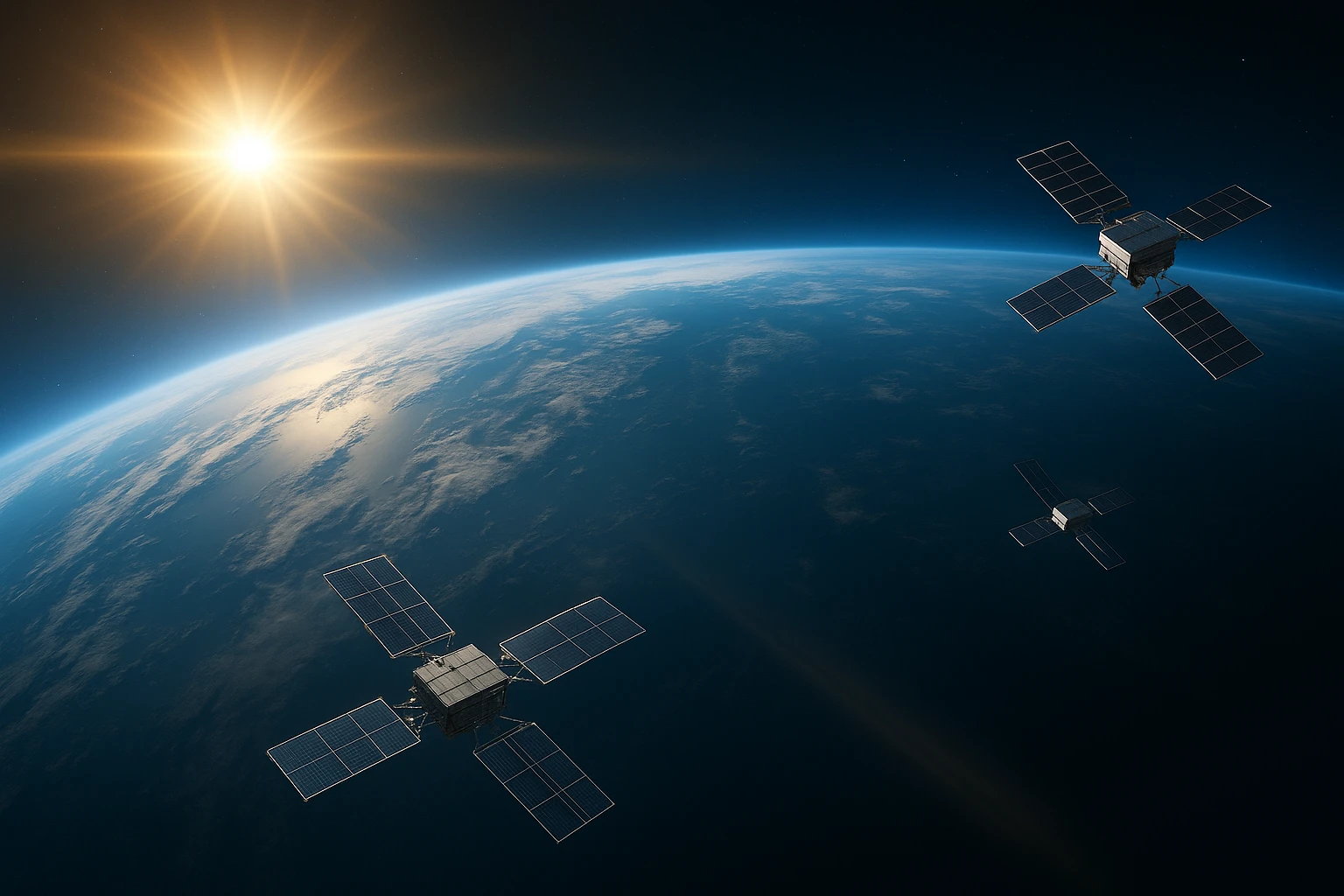 Satélites orbitando la Tierra reflejando la luz del Sol, ilustración de un plan para bloquear la radiación solar y frenar el calentamiento global