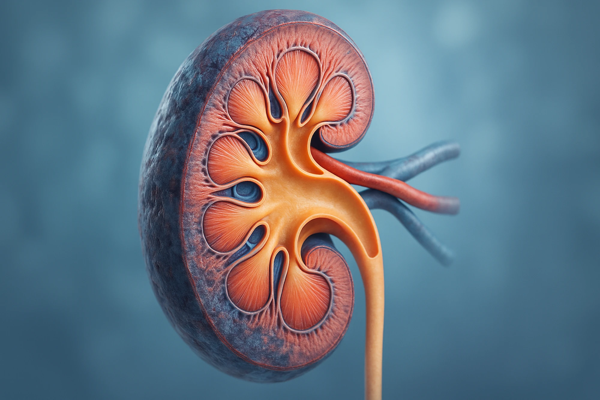 Ilustración realista de un riñón humano mostrando estructuras internas y daño renal