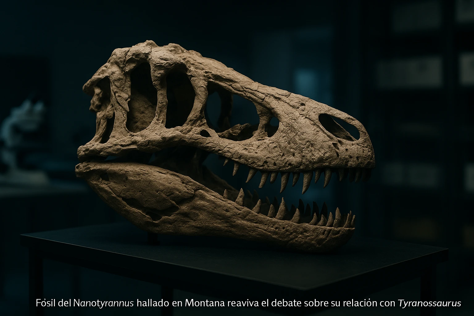 Fósil del cráneo del Nanotyrannus en laboratorio, hallado en Montana, Estados Unidos.