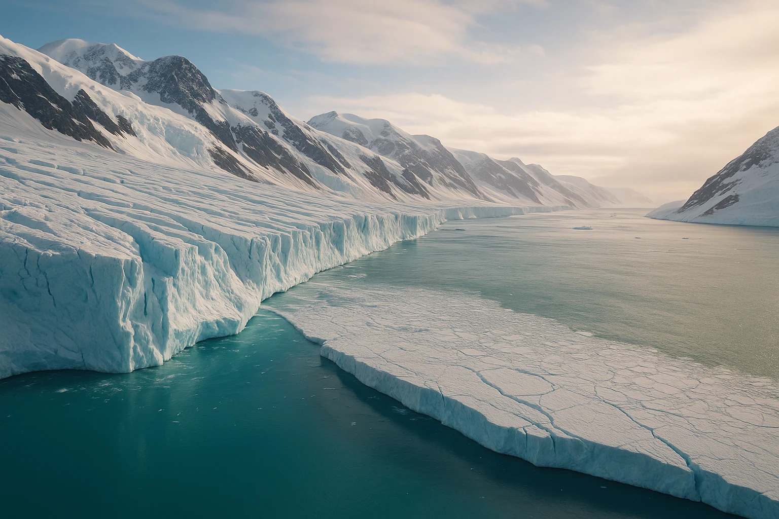 Vista aérea del glaciar Hektoria fluyendo hacia el océano parcialmente congelado en la Antártida.
