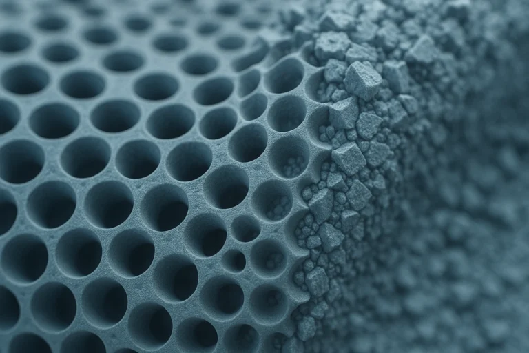 Ilustración realista de un material gyromorfo con patrones ordenados y desordenados para computación fotónica