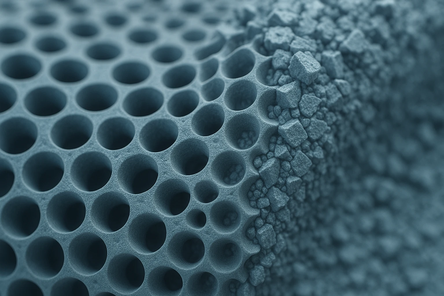 Ilustración realista de un material gyromorfo con patrones ordenados y desordenados para computación fotónica