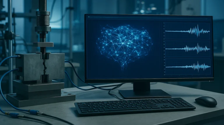 Representación científica de inteligencia artificial analizando señales sísmicas invisibles en laboratorio