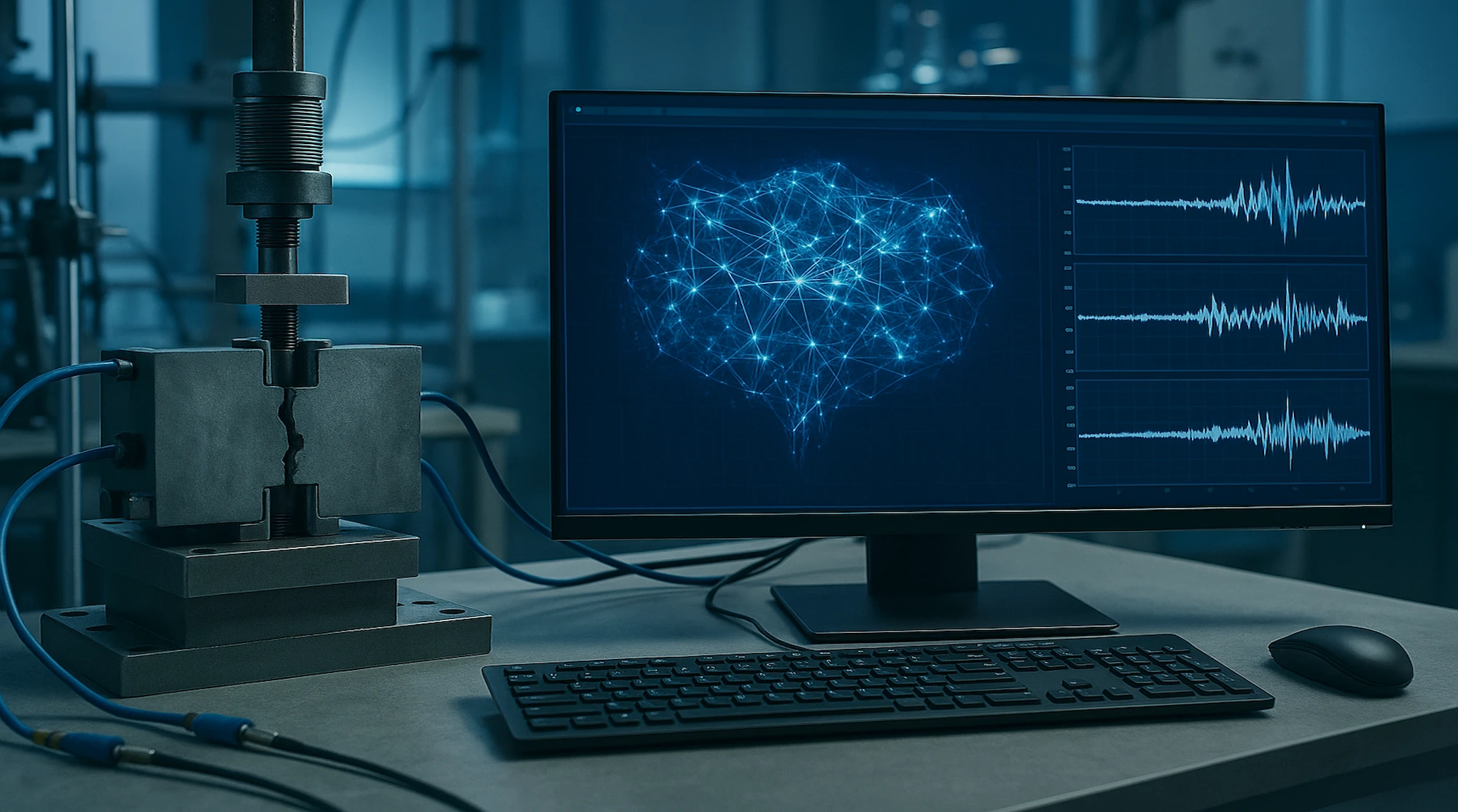 Representación científica de inteligencia artificial analizando señales sísmicas invisibles en laboratorio