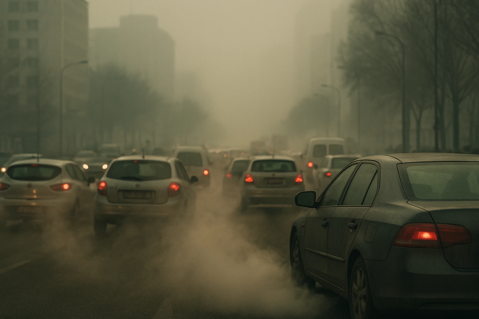 Contaminación urbana generada por automóviles en una ciudad con niebla y humo