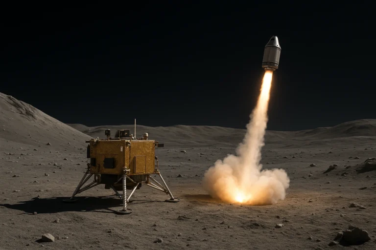 Lander comercial de la NASA (CLPS) en la Luna mientras una cápsula con muestras despega para regresar a la Tierra.