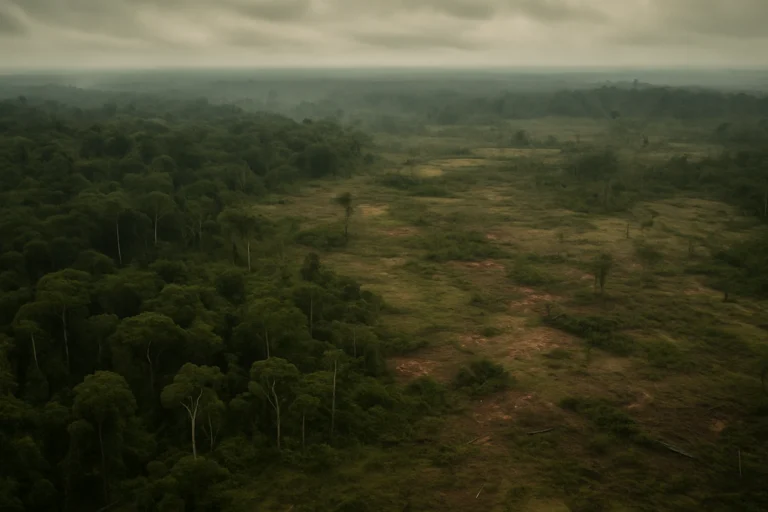 Vista aérea de la selva amazónica con áreas degradadas y tonos verdes apagados que reflejan la pérdida del ecosistema.