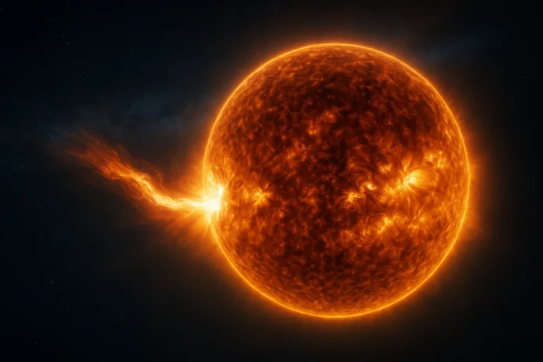 Representación realista de una llamarada solar de clase X4 con eyección de masa coronal