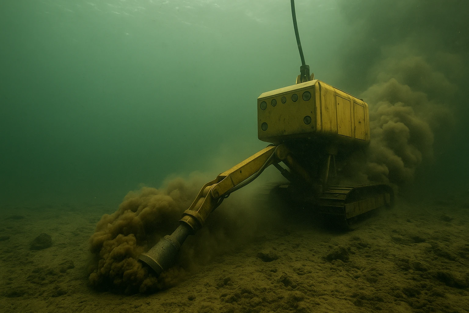 Máquina de minería submarina removiendo el fondo marino y generando una gran nube de sedimento en aguas profundas
