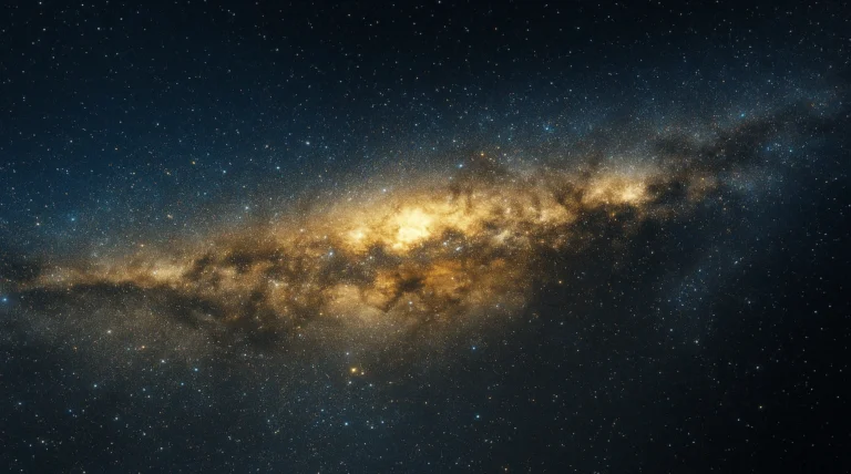 Representación artística de la Vía Láctea con cientos de miles de millones de estrellas sobre fondo cósmico azul-dorado