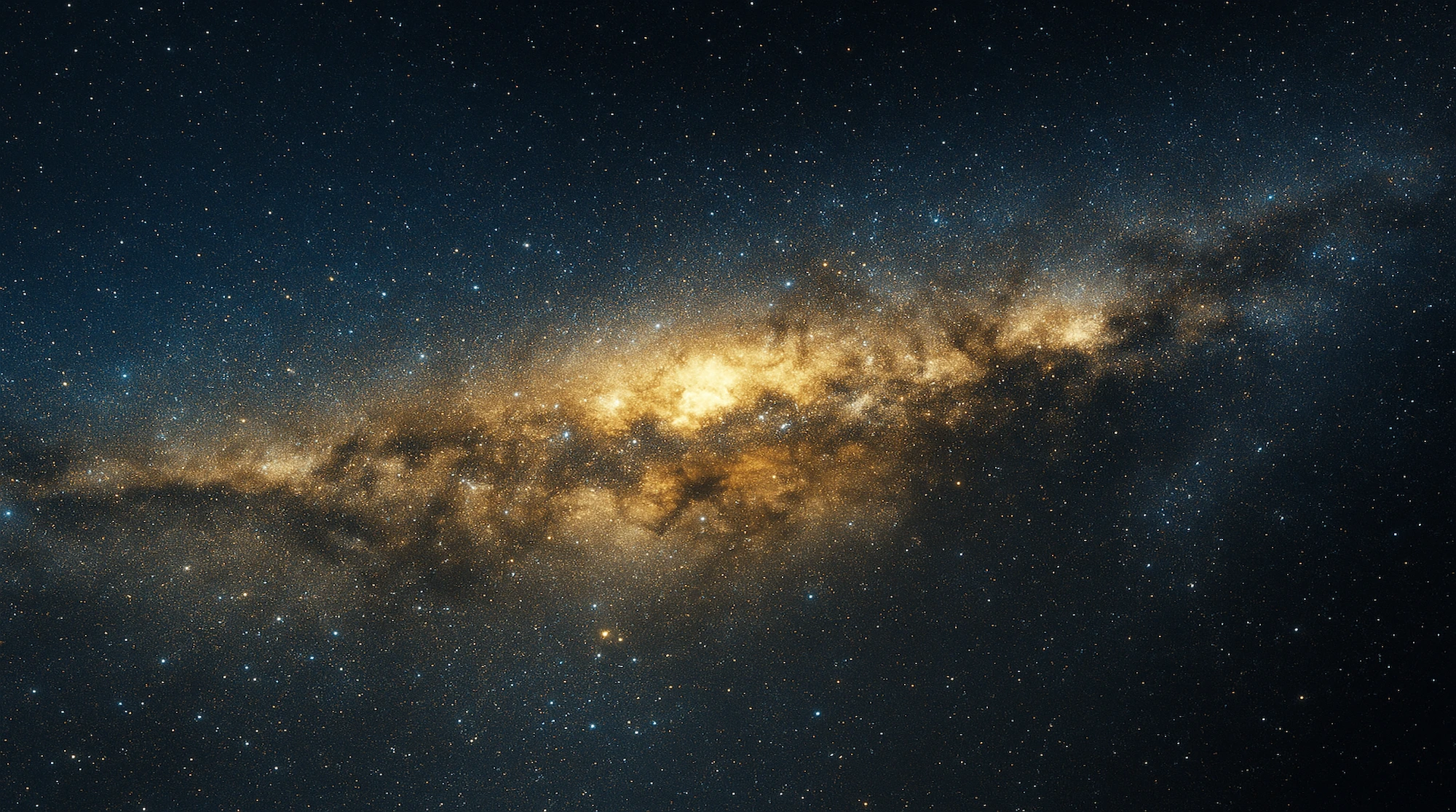 Representación artística de la Vía Láctea con cientos de miles de millones de estrellas sobre fondo cósmico azul-dorado