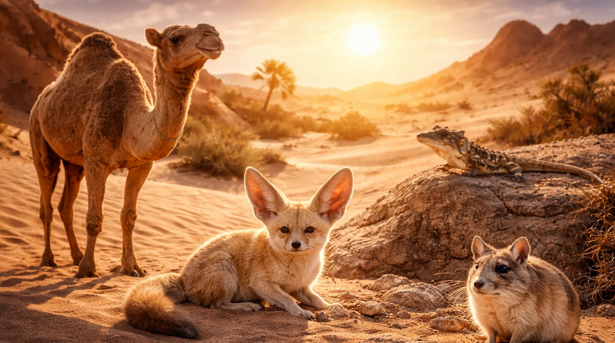 Animales del desierto como camellos, zorros y roedores adaptados a sobrevivir al calor extremo y la falta de agua