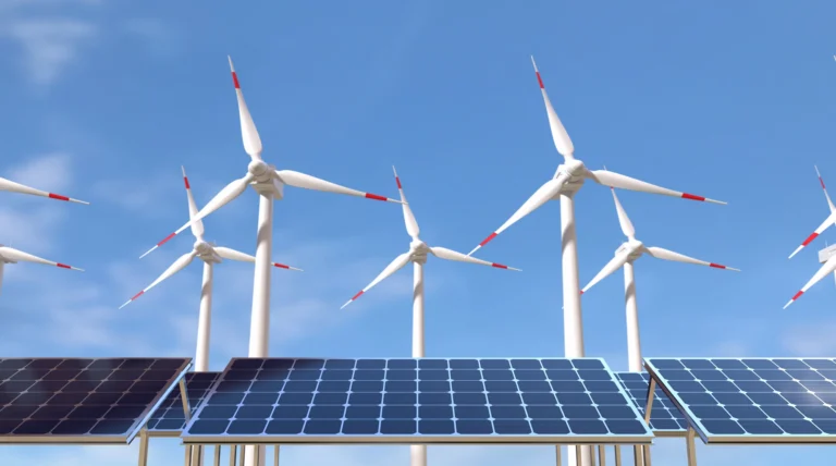 Paneles solares y aerogeneradores representando el avance de la energía solar y eólica frente al carbón en la generación eléctrica mundial
