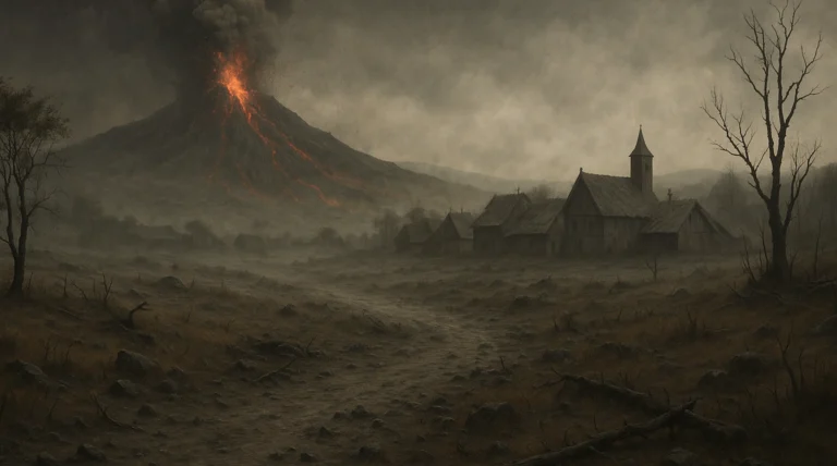 Ilustración realista de un paisaje europeo afectado por cenizas volcánicas en la época medieval