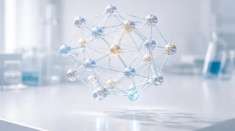 Estructura molecular tridimensional suspendida en laboratorio, representando el uso de inteligencia artificial en el descubrimiento de nuevos materiales