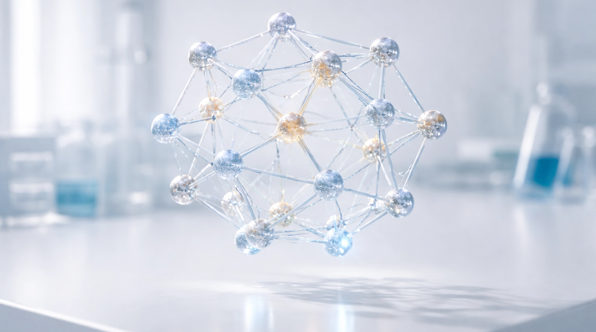 Estructura molecular tridimensional suspendida en laboratorio, representando el uso de inteligencia artificial en el descubrimiento de nuevos materiales