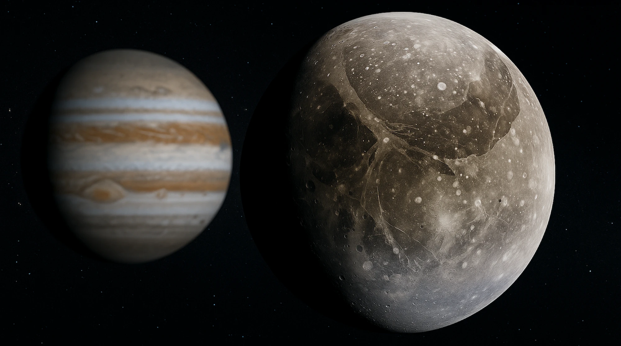 Ilustración de Ganímedes frente a Júpiter, posible mundo oceánico estudiado por la NASA