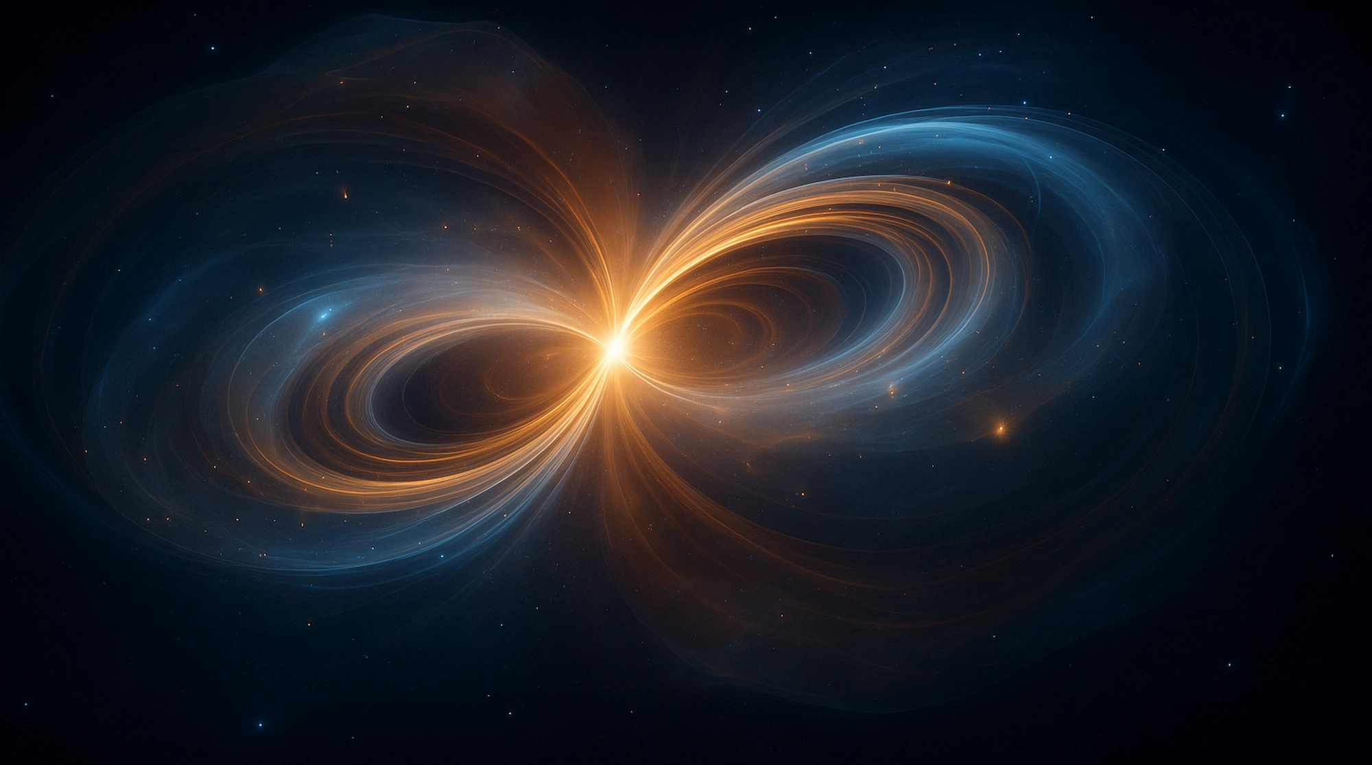 Visualización cósmica de dos estructuras energéticas entrelazadas que representan nudos cósmicos formados tras el Big Bang