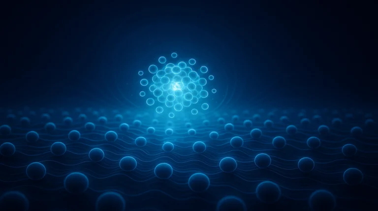 ilustración científica que representa un nuevo estado exótico de la materia con partículas cuánticas en patrón energético azul