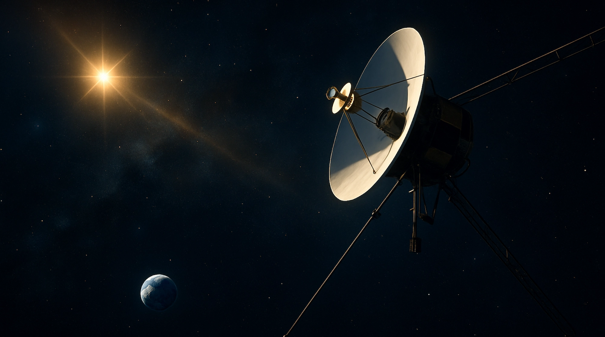 Ilustración realista de la sonda Voyager 1 en el espacio profundo enviando una señal hacia la Tierra