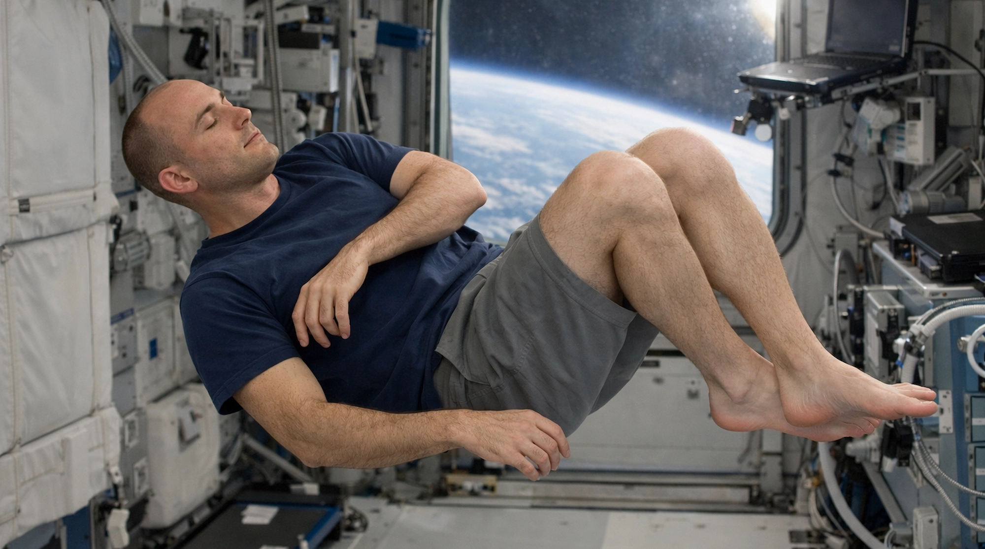 Astronauta flotando en microgravedad dentro de una estación espacial mientras la Tierra se observa por una ventana