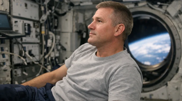 Astronauta flotando en microgravedad dentro de una estación espacial, ilustrando los efectos de la ausencia de gravedad en el cerebro humano