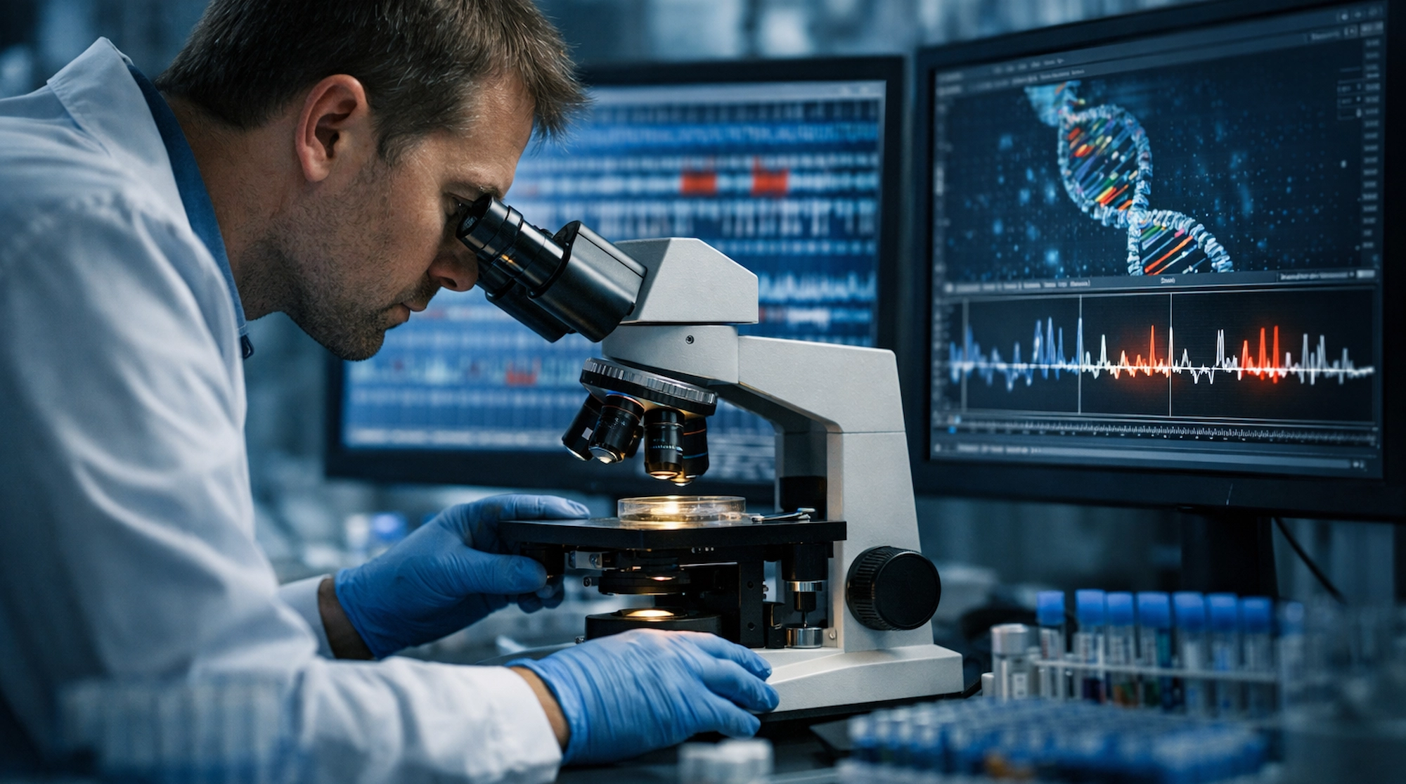 Científico analizando muestras de ADN en laboratorio tras un resultado inesperado en investigación genética