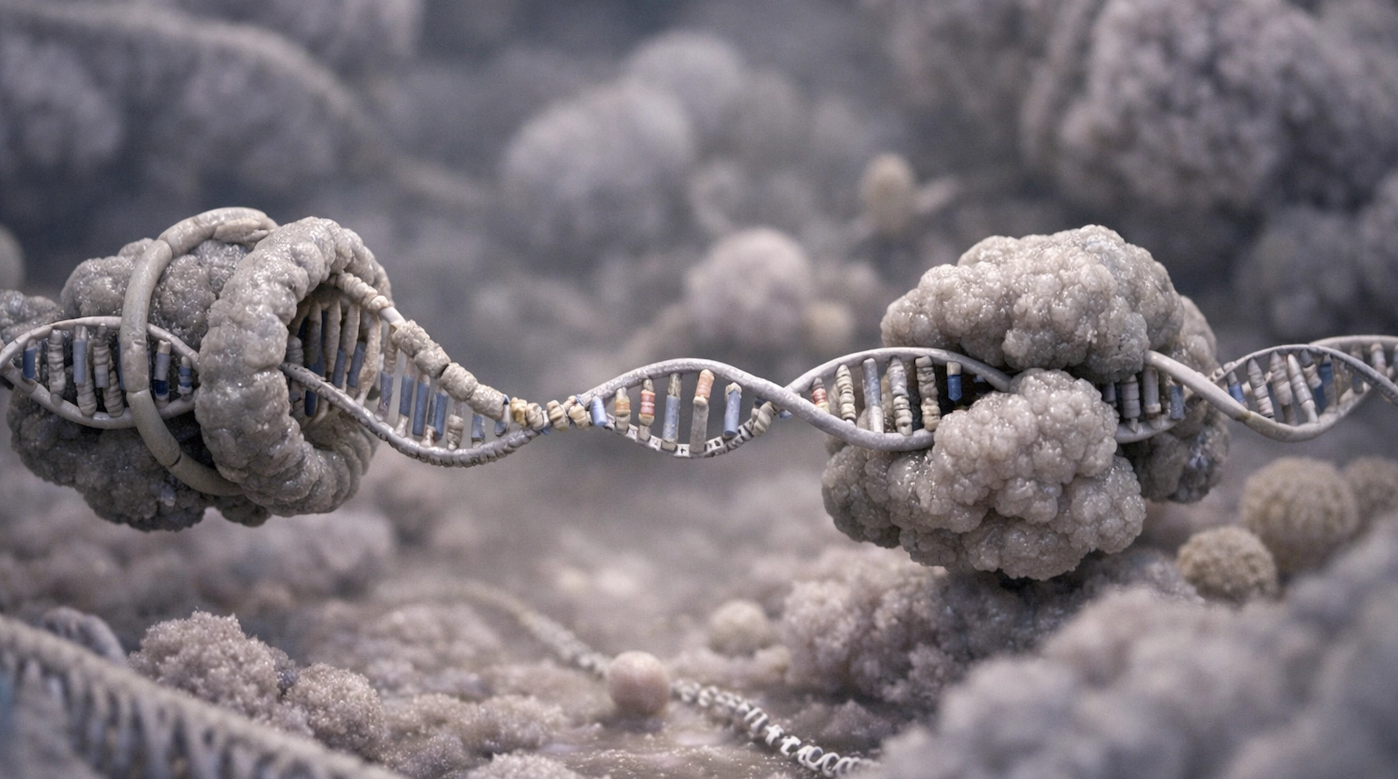 Representación realista de errores naturales en el ADN mientras la célula copia su material genético durante la división celular