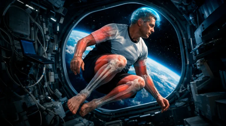 astronauta flotando en microgravedad dentro de una estación espacial