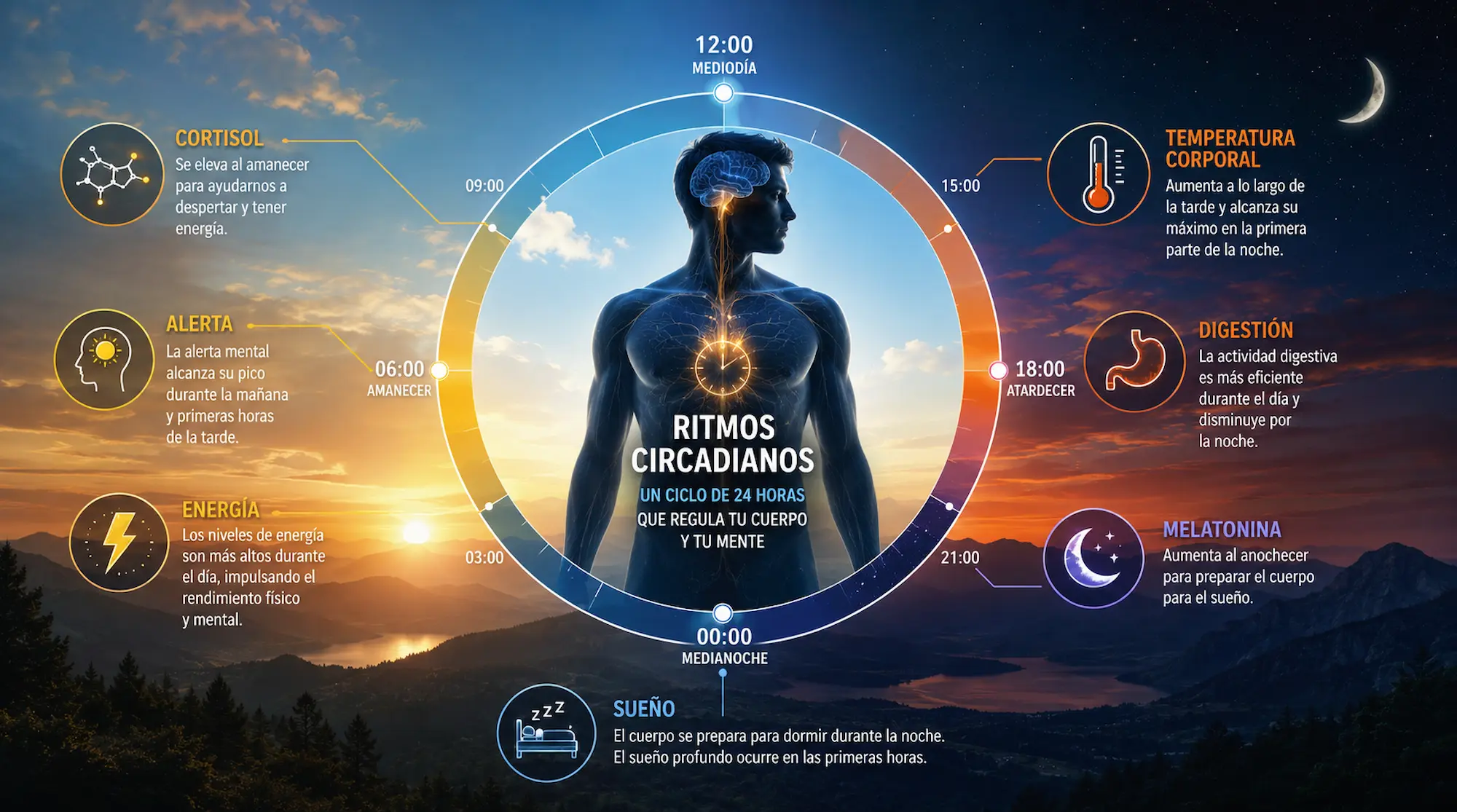 Ilustración de los ritmos circadianos en el cuerpo humano y sus efectos.