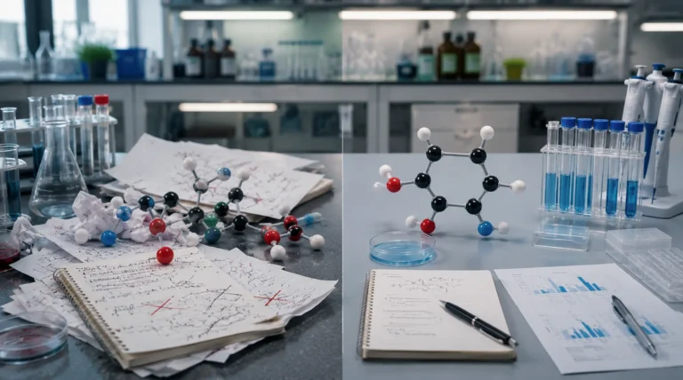Mesa de laboratorio con notas corregidas, modelos moleculares y resultados ordenados que representan el avance de la ciencia al corregir errores.