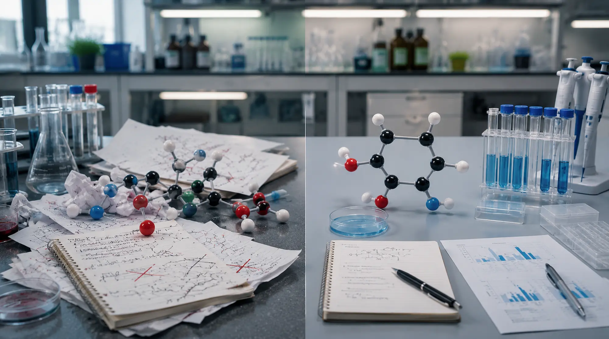 Mesa de laboratorio con notas corregidas, modelos moleculares y resultados ordenados que representan el avance de la ciencia al corregir errores.