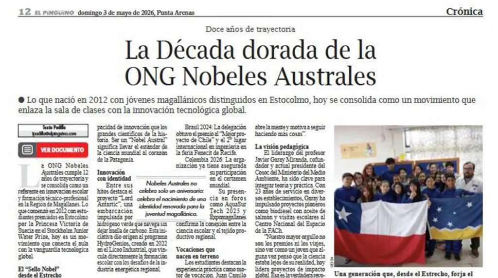 Recorte de prensa de El Pingüino sobre la trayectoria de la ONG Nobeles Australes en Magallanes