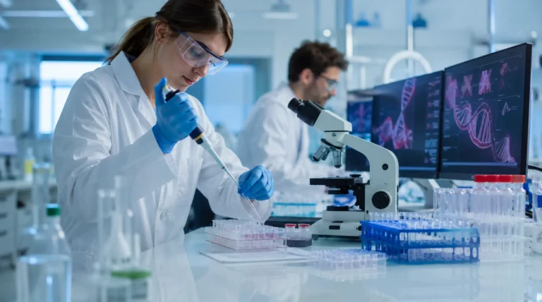 Científica editando genes en un laboratorio moderno con equipos de biotecnología y análisis de ADN