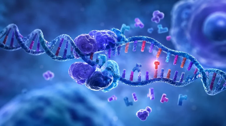 Ilustración científica de una doble hélice de ADN durante la replicación, con una base mal copiada que representa un error genético.