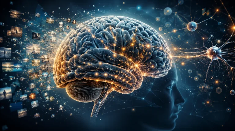 Ilustración del cerebro humano y sus procesos de memoria.