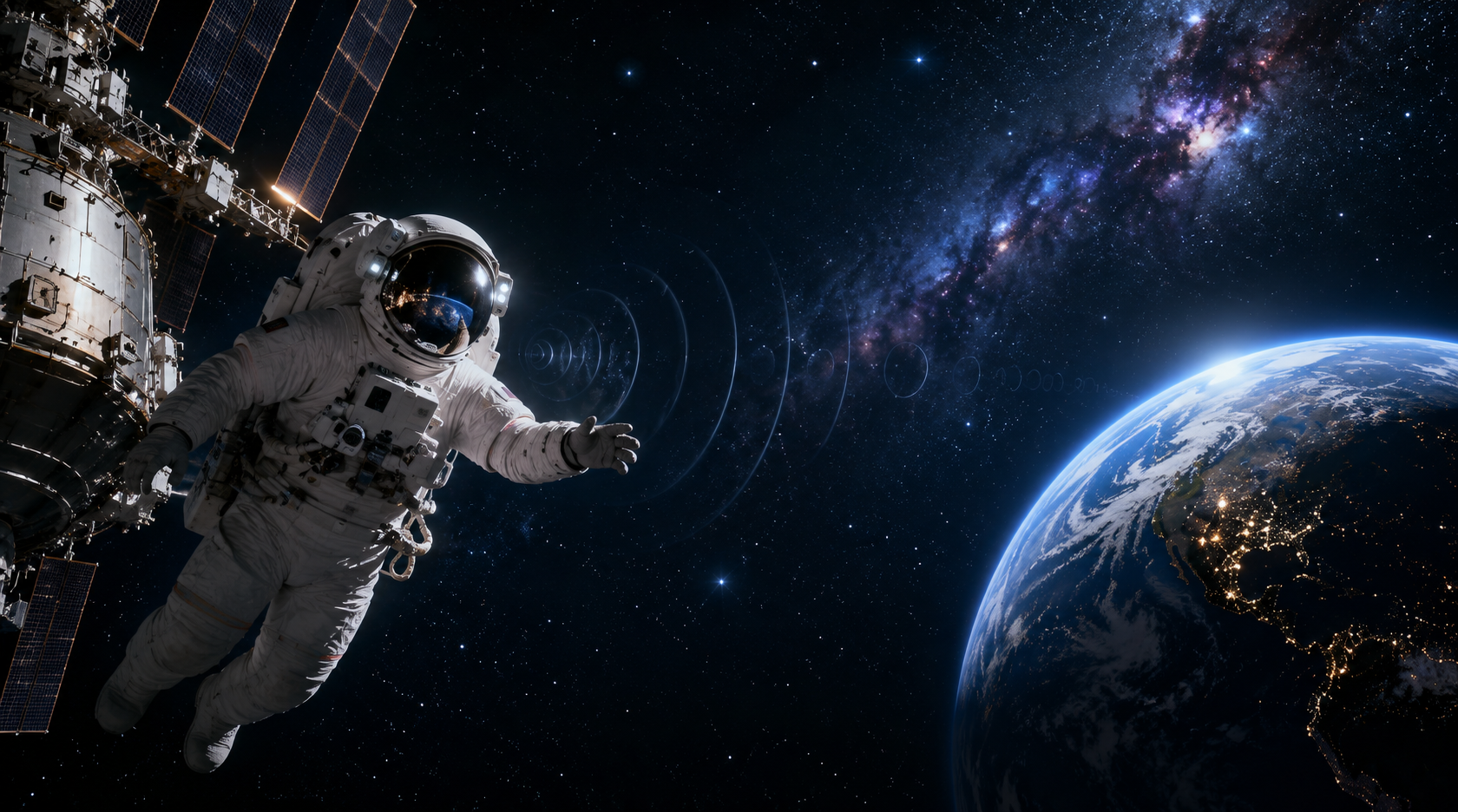 Astronauta flotando en el espacio junto a la Tierra, representando por qué el sonido en el espacio no se escucha en el vacío espacial.
