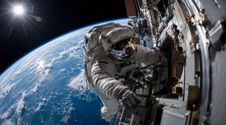 Astronauta con traje espacial durante una caminata fuera de una nave, con la Tierra y el espacio de fondo.