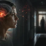 Mujer en estado de alerta con una representación del cerebro activando una respuesta de amenaza ante un peligro percibido.