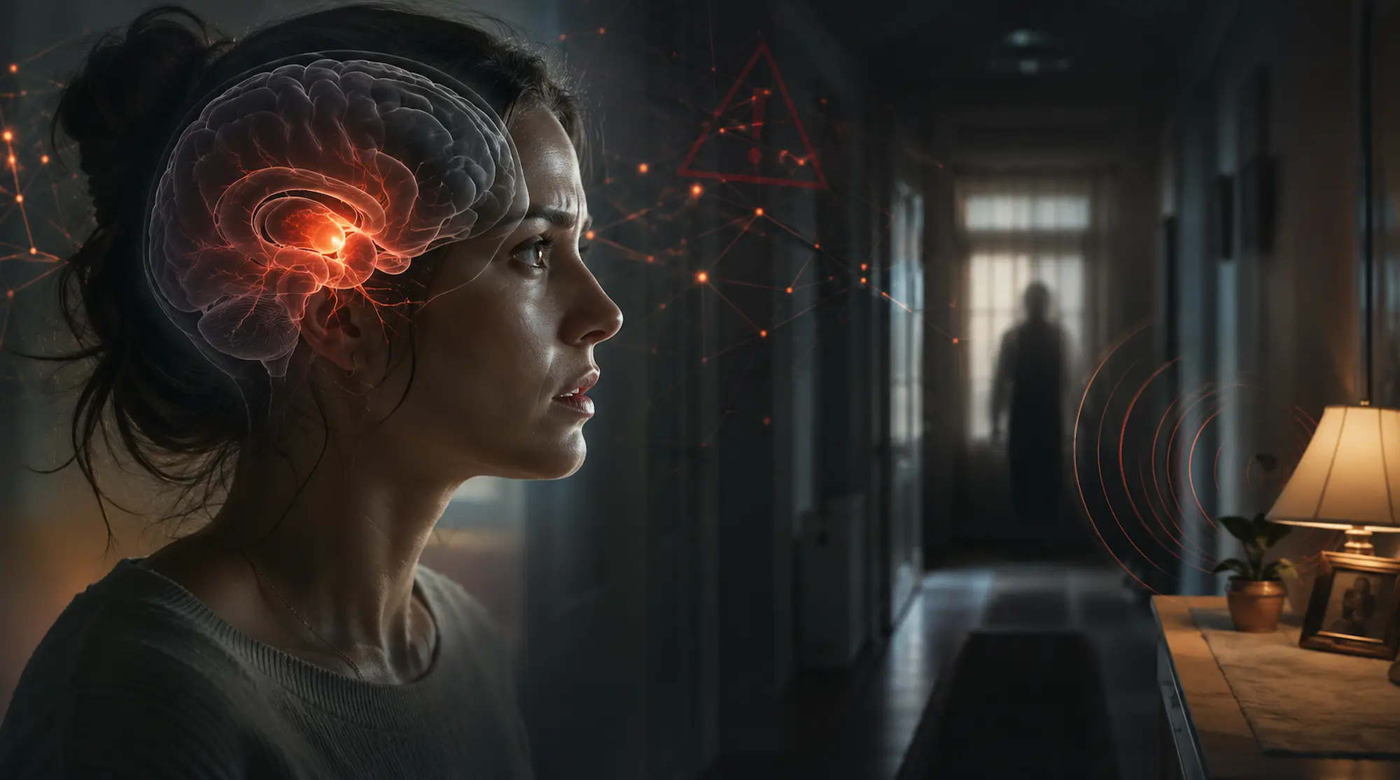 Mujer en estado de alerta con una representación del cerebro activando una respuesta de amenaza ante un peligro percibido.