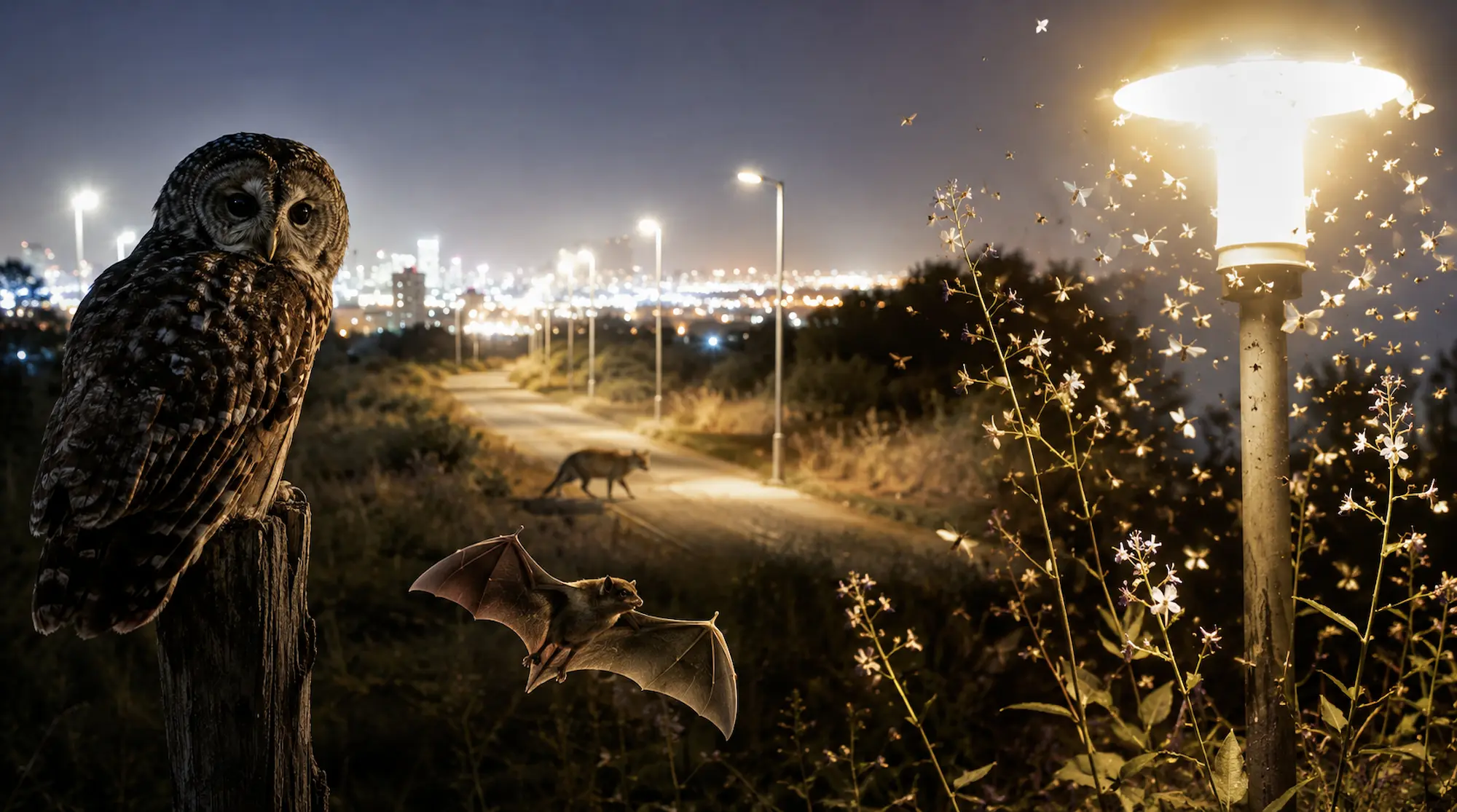 Búho, murciélago e insectos afectados por la contaminación lumínica de faroles urbanos durante la noche.